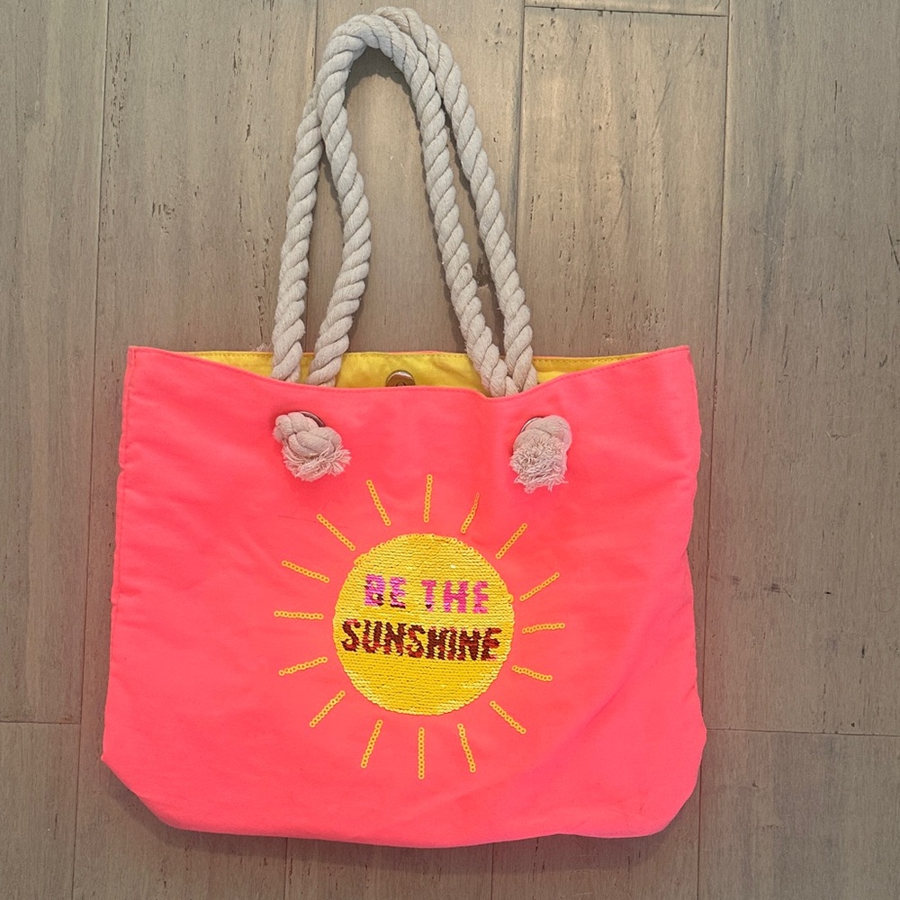 Kids Coral Tote Bag with Yellow Sun Motif and Rope Handles